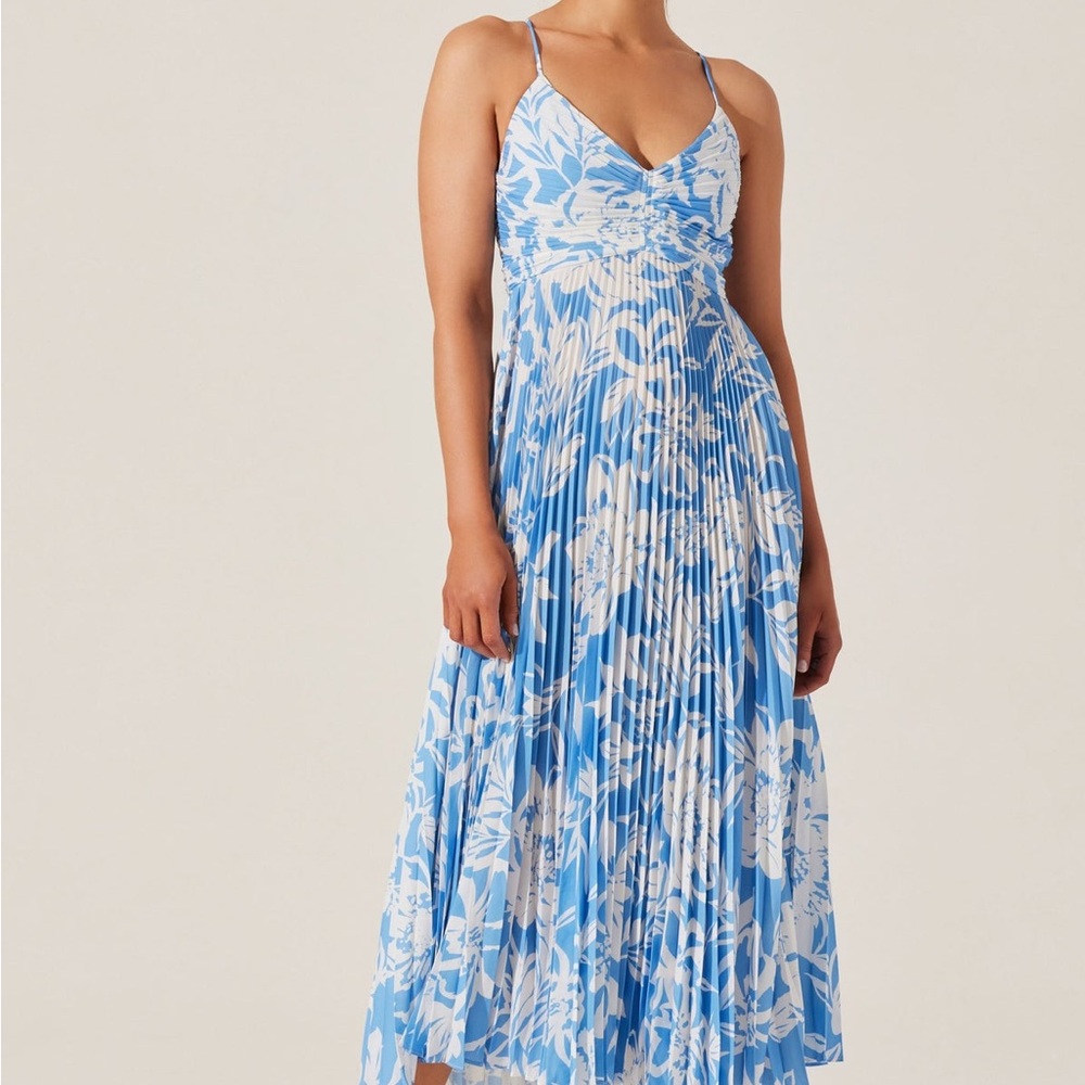 Astr Floral Midi Dress in Blue and White